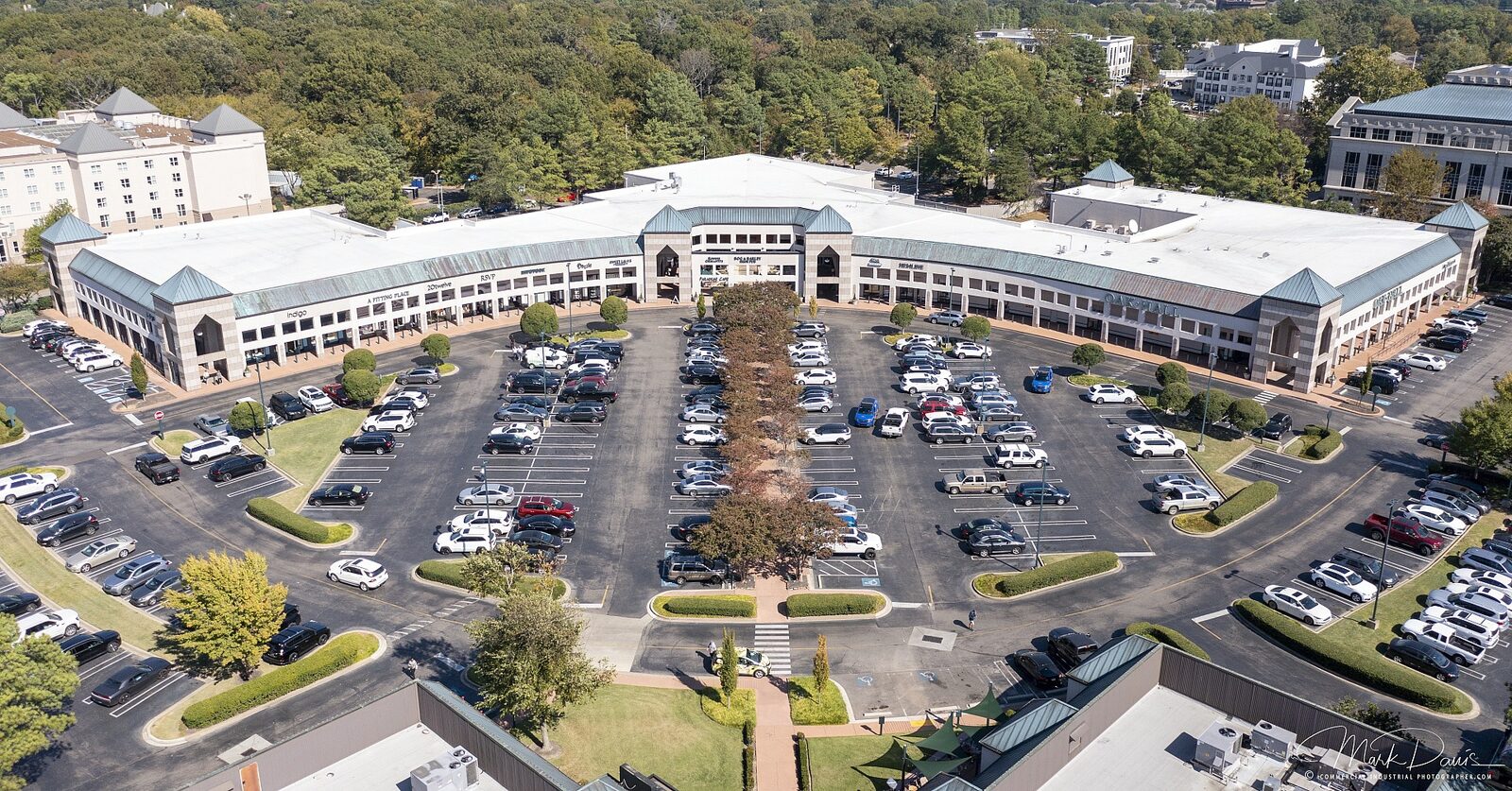 Aerial drone photograph of a retail shopping center