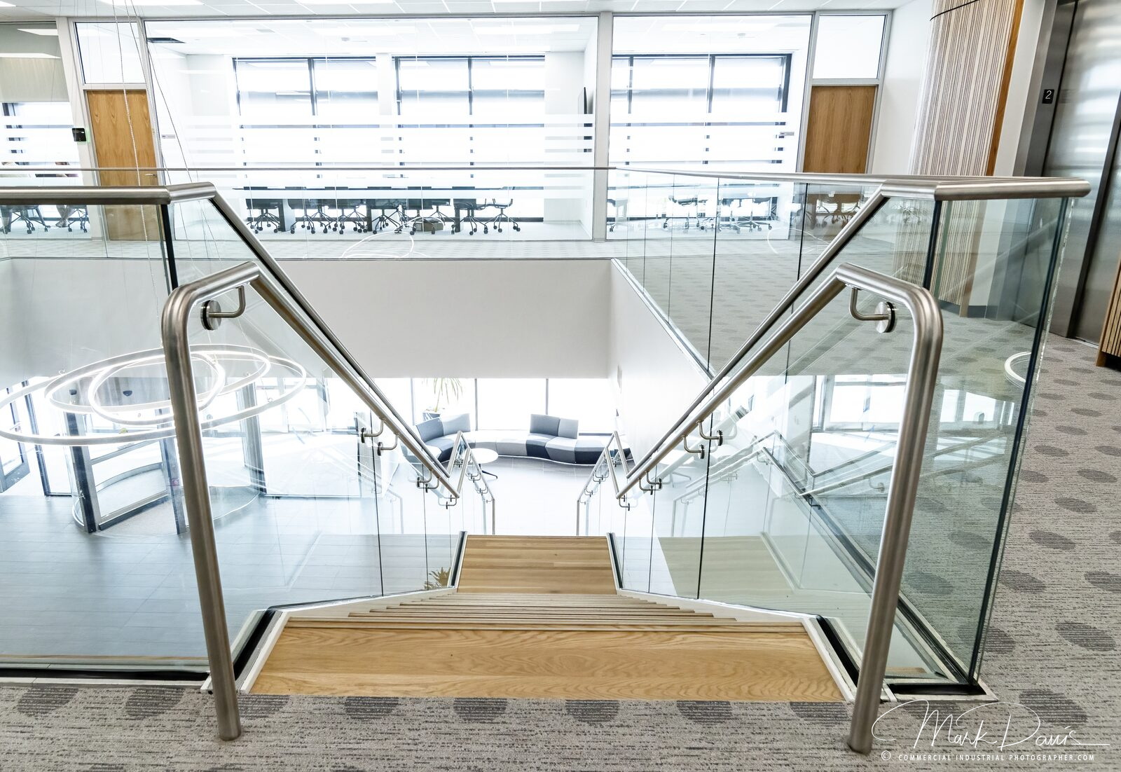 Corporate office interior staircase and lobby architectural photography