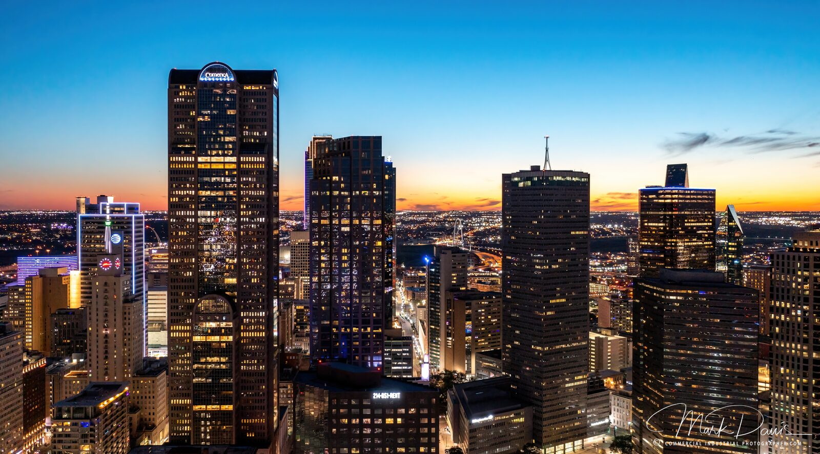 Aerial drone photograph of the Dallas skyline at dusk