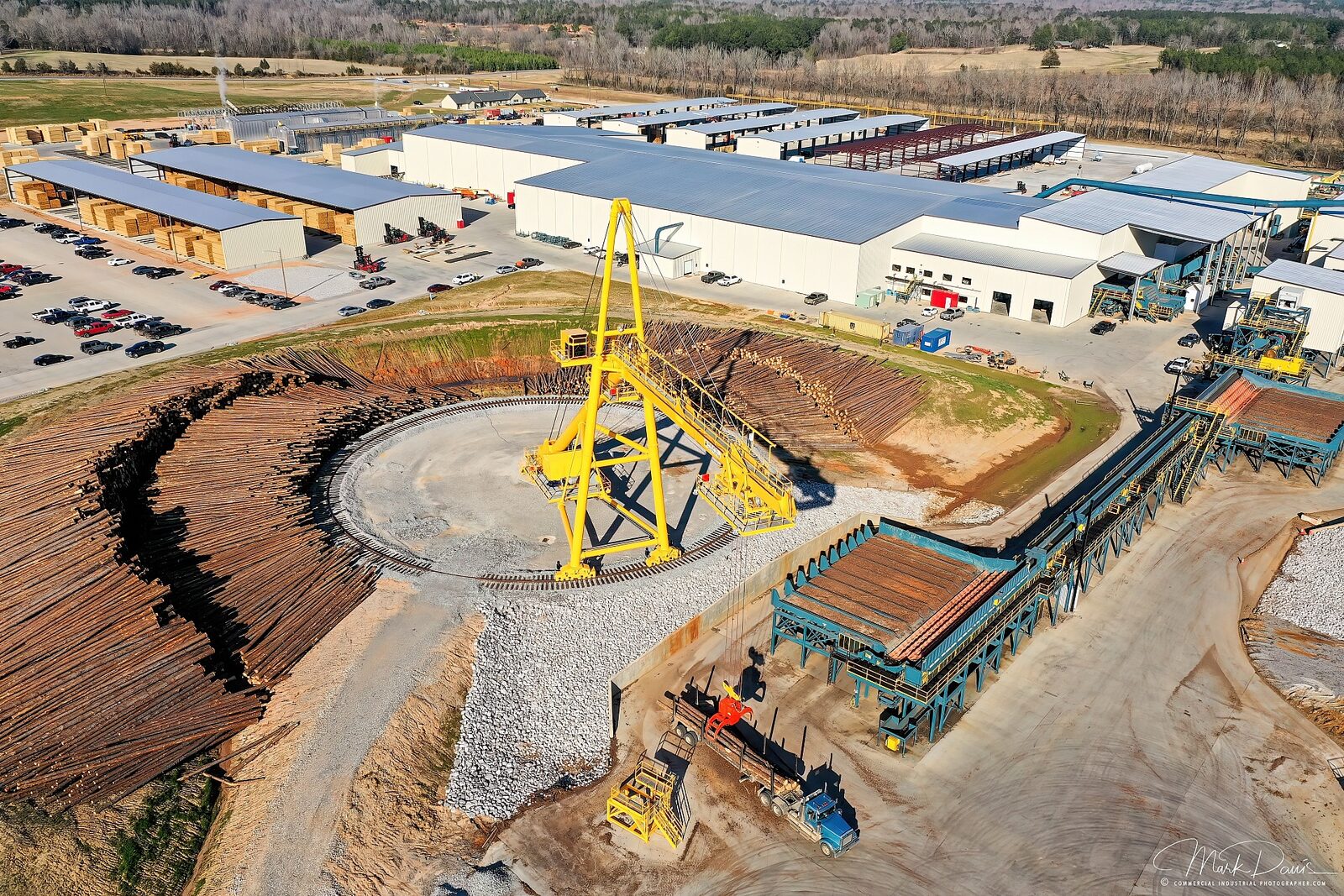 Aerial drone photograph of a lumber mill industrial facility