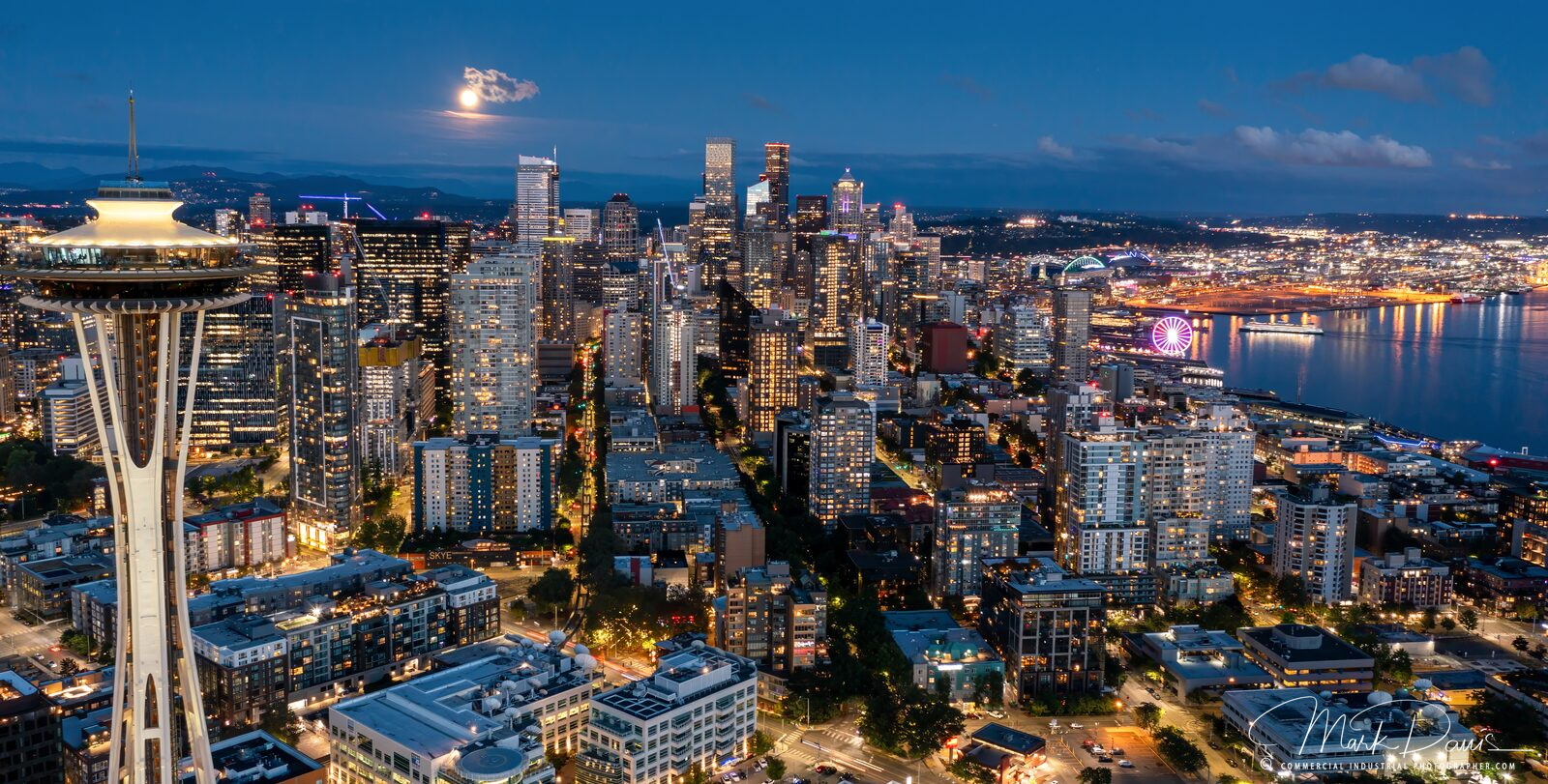 Aerial drone photograph of the Seattle skyline at night with the Space Needle