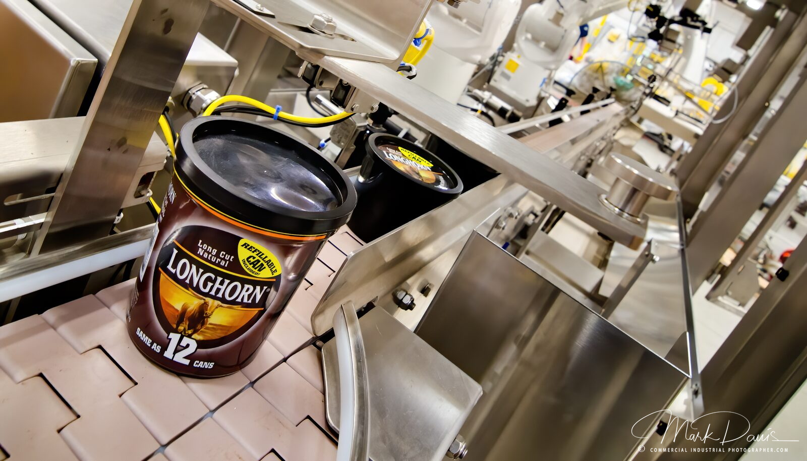 Product photography of packaging on a manufacturing production line